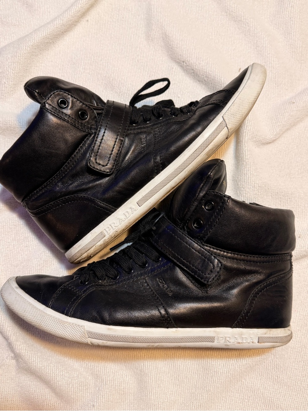 Prada Black Leather High-Top Sneakers with White Soles